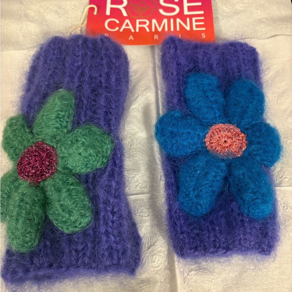 Rose Carmine Purple Knit Hand Warmers with Floral Design
